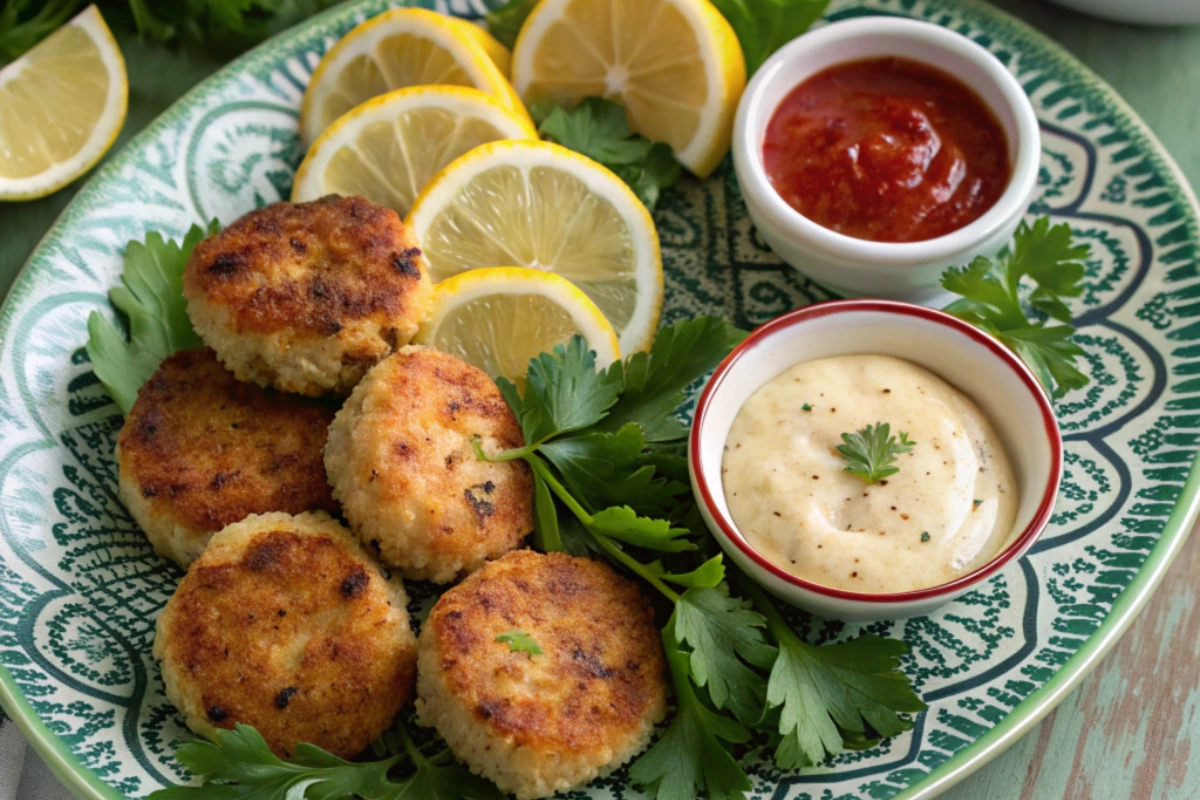 A plate of golden-brown crab cakes served with lemon slices, fresh parsley, and two dipping sauces. This image visually complements the question, is it better to fry or bake crab cakes, showcasing their delicious appearance.