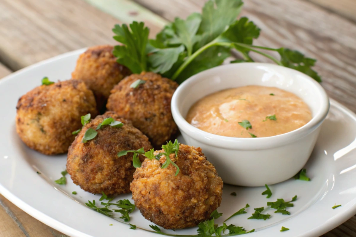 A plate of crispy golden-brown crab balls from the perfect crab balls recipe, garnished with fresh parsley and served with a creamy dipping sauce in a white bowl, set on a wooden table.