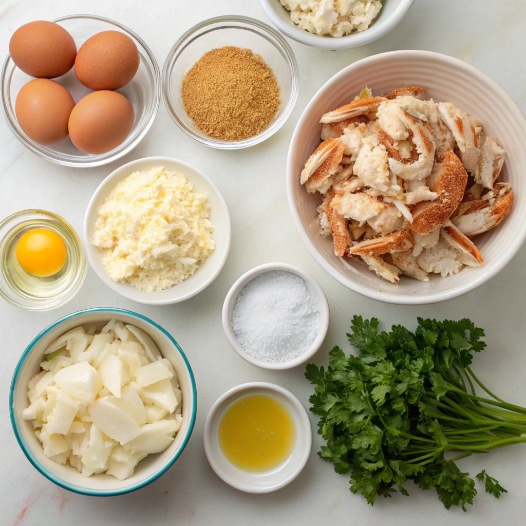 A flat lay of all the ingredients for a crab balls recipe, including fresh crab meat, eggs, breadcrumbs, parsley, cheese, oil, and seasoning, neatly arranged in bowls on a white countertop.