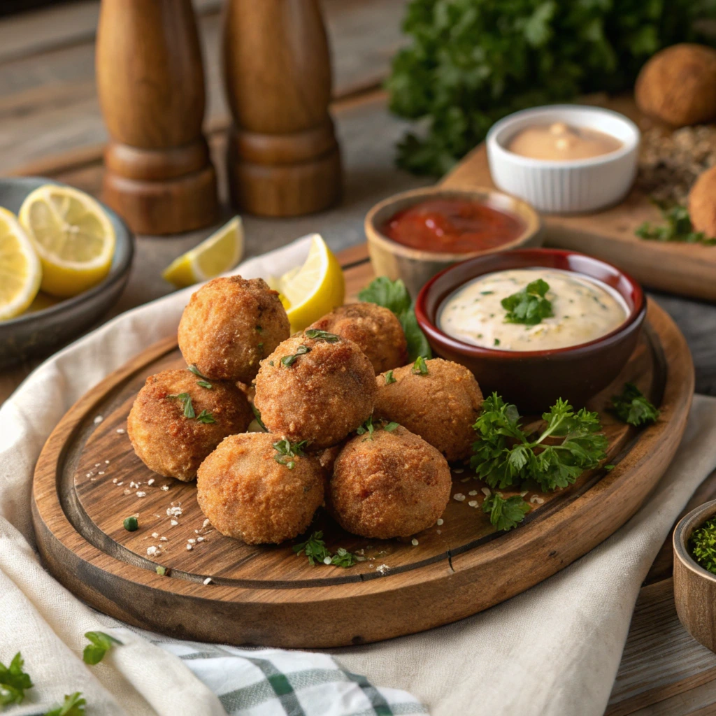 A beautifully presented plate of crispy golden-brown crab balls from the perfect crab balls recipe, served on a wooden platter with parsley garnish, dipping sauces, and lemon wedges, creating an inviting seafood appetizer setting.