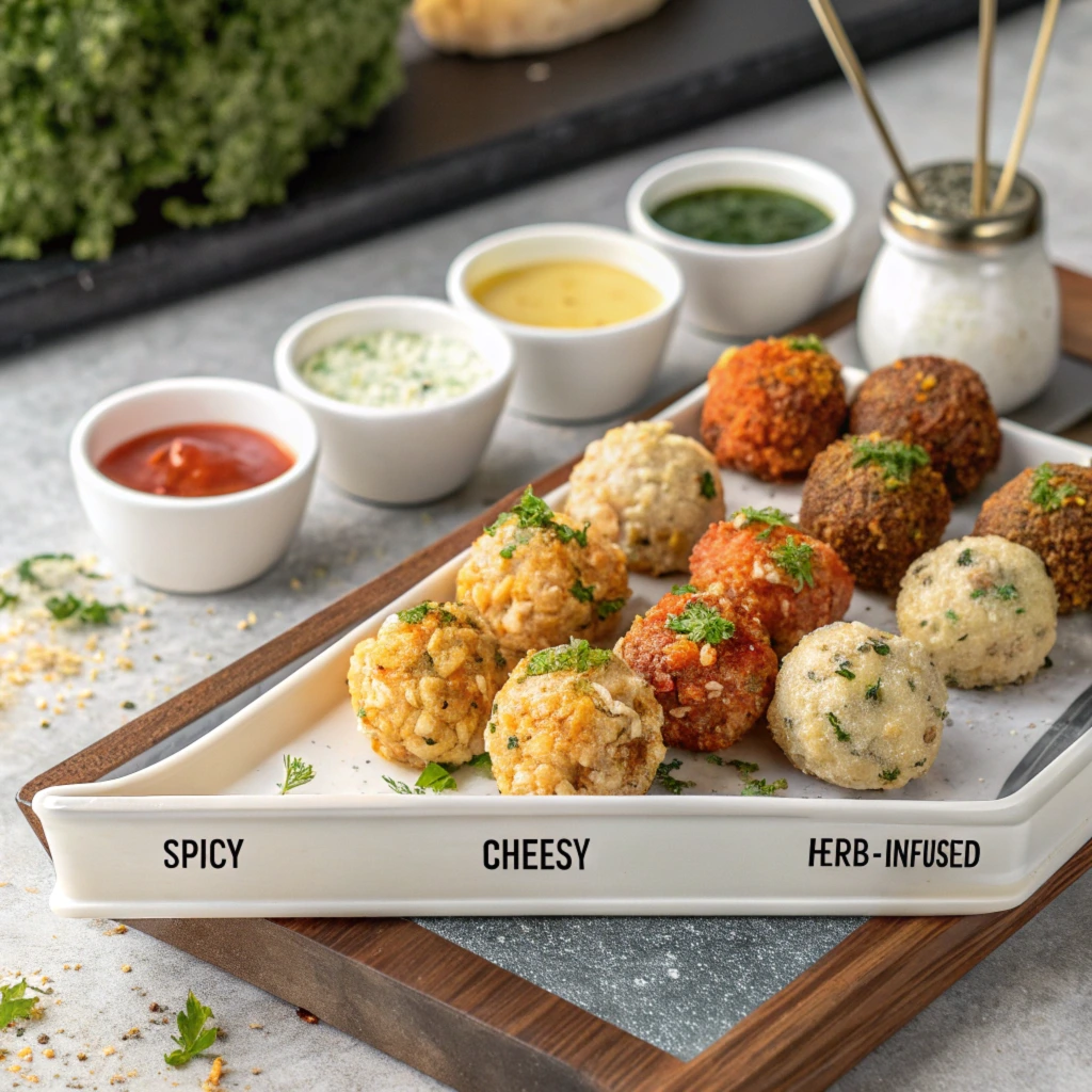 A creative assortment of crab balls, including spicy, cheesy, and herb-infused variations, served on a white platter with labels, accompanied by a variety of dipping sauces in small bowls, perfect for showcasing recipe customizations.