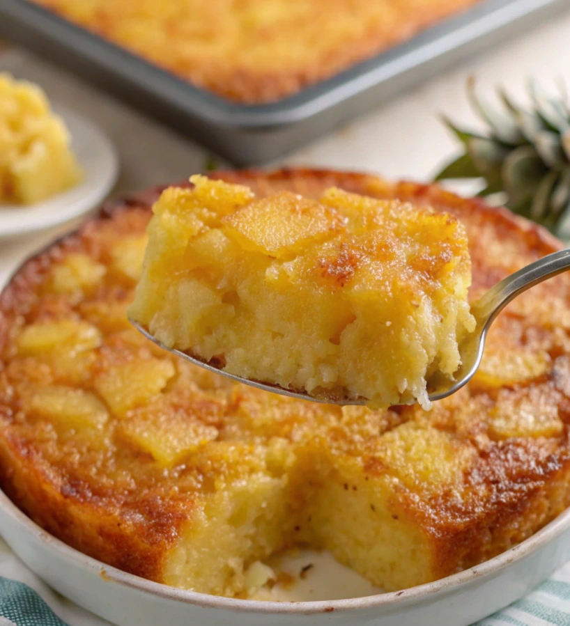 Moist pineapple cake slice being served from a round baking dish, showcasing the golden texture and tropical flavor pineapple brings to desserts.