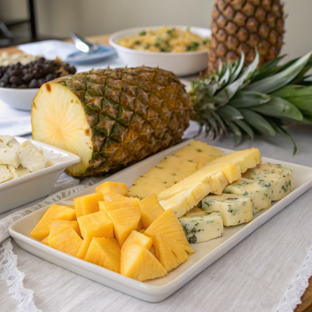 A rectangular platter with cubed pineapple, slices of cheese with herbs, and wedges of blue cheese, accompanied by a halved pineapple and bowls of accompaniments in the background.