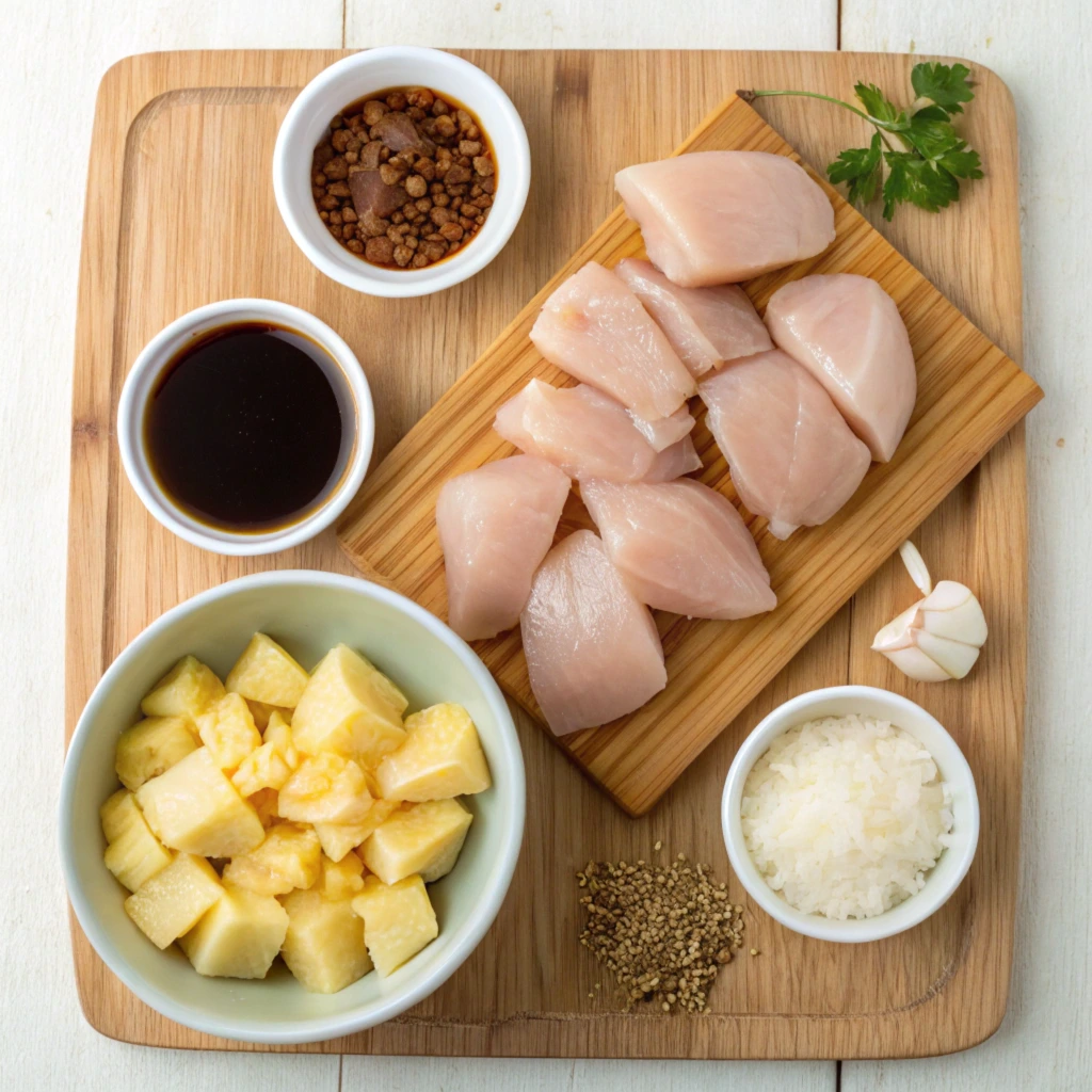 Ingredients for sweet Hawaiian crockpot chicken displayed on a wooden cutting board, including raw chicken pieces on a bamboo board, pineapple chunks in a bowl, soy sauce, brown sugar, minced garlic, sesame seeds, and fresh parsley garnish