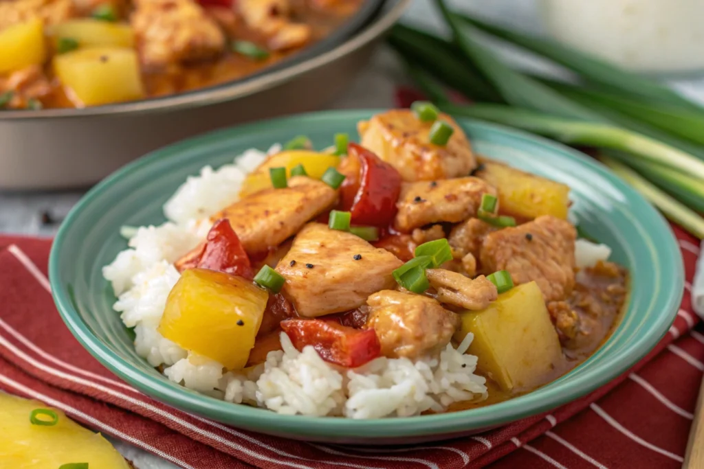 A plate of sweet Hawaiian crockpot chicken served over white rice, featuring chunks of chicken, pineapple, and red bell peppers, garnished with sliced green onions on a teal plate and a red striped napkin.