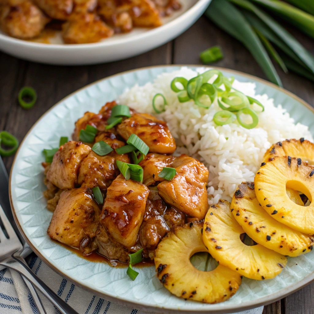 A plate of sweet Hawaiian crockpot chicken served with steamed white rice, grilled pineapple rings, and garnished with fresh green onions, placed on a patterned plate with a rustic wooden background.