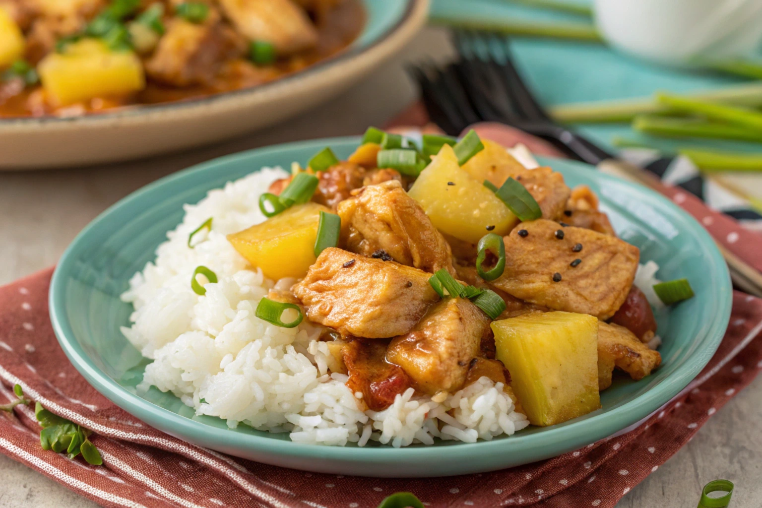 A plate of sweet Hawaiian crockpot chicken served over fluffy white rice, garnished with fresh pineapple chunks and sliced green onions, placed on a teal dish with a red patterned napkin underneath.