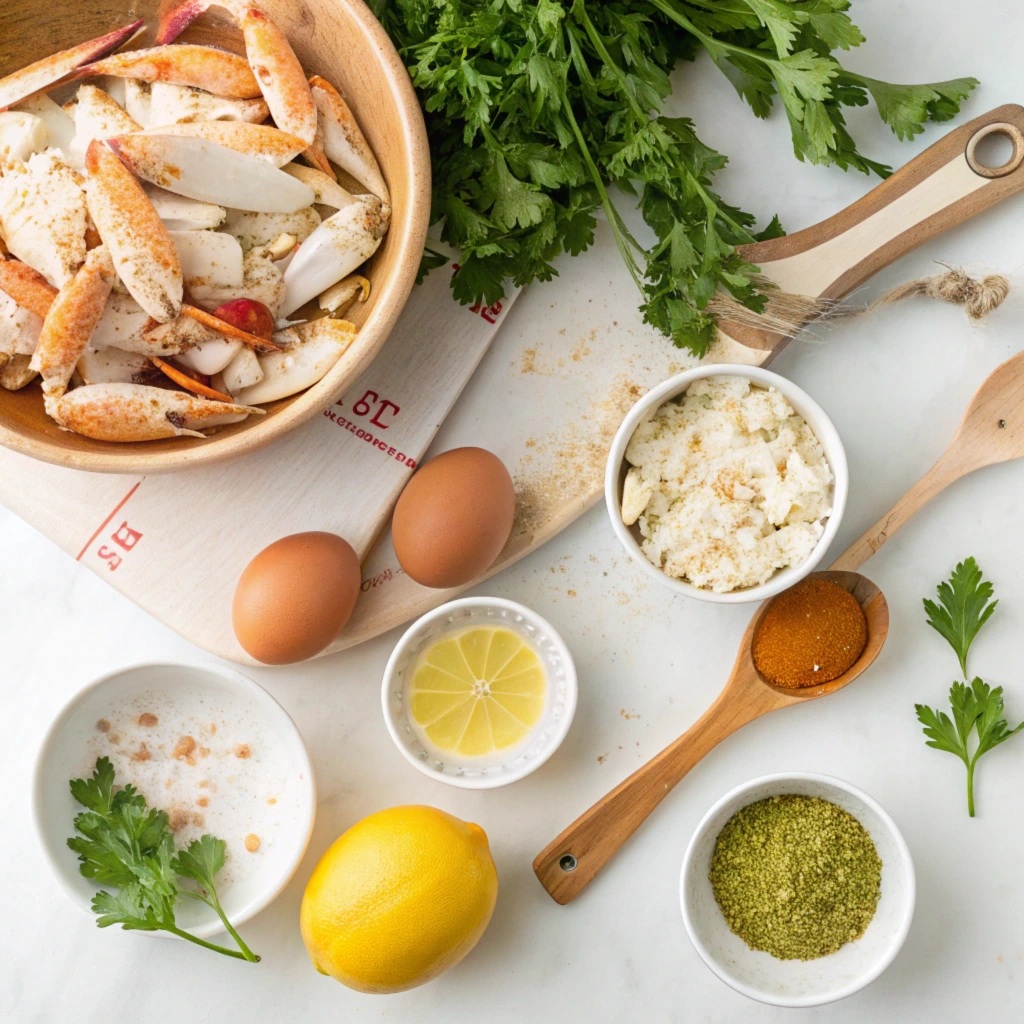 A flat lay of fresh crab claws, eggs, parsley, breadcrumbs, lemon, and various seasonings on a white countertop, showcasing the ingredients for making crab balls.