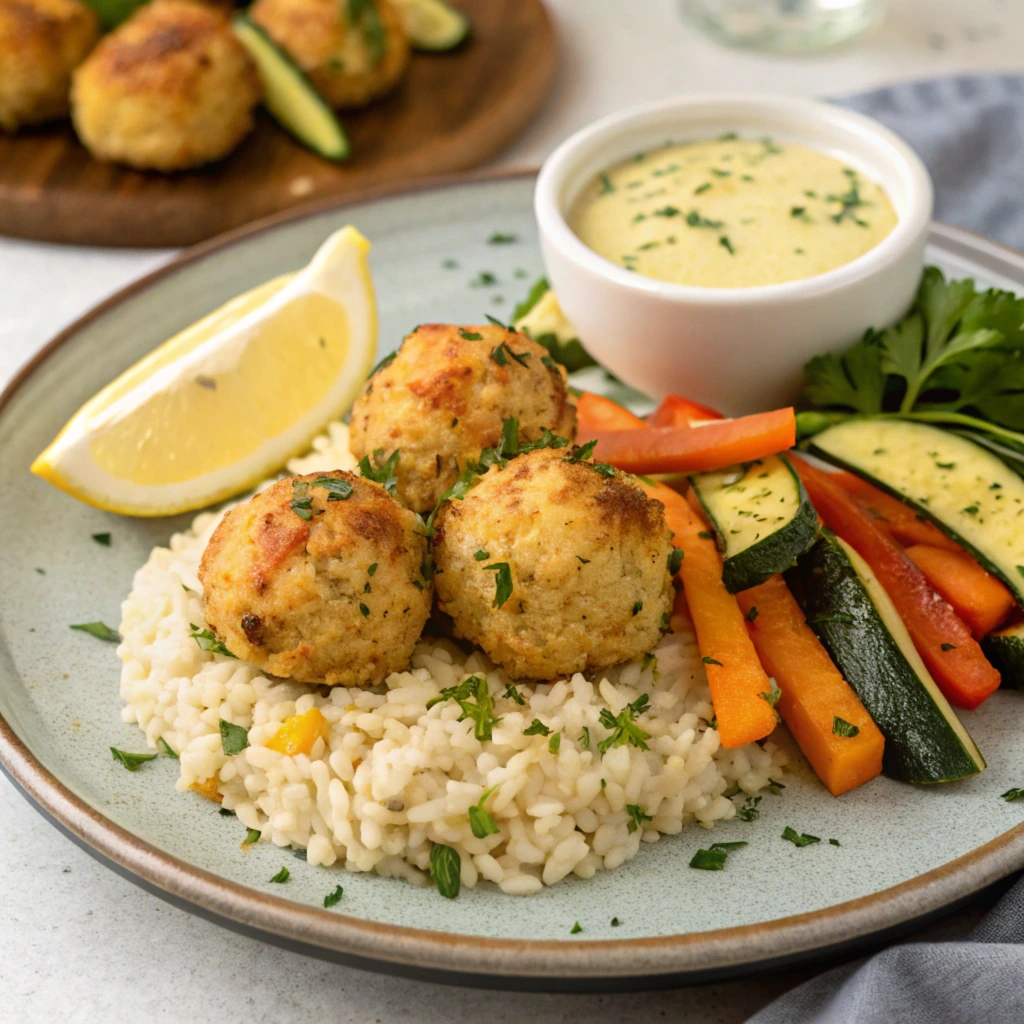 A plated meal featuring golden crab balls served over garlic butter rice, accompanied by roasted vegetables, a wedge of lemon, and a small bowl of creamy dipping sauce.