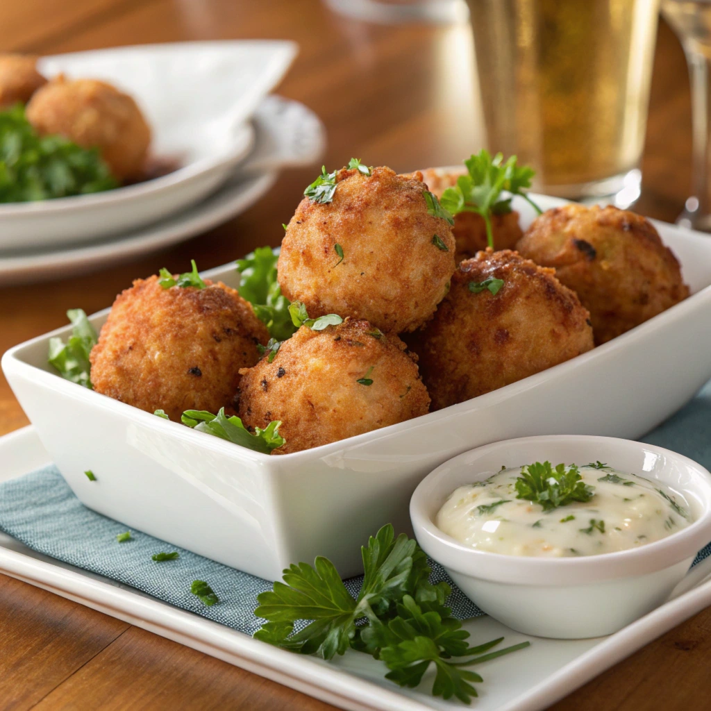 A white dish filled with crispy, golden crab balls garnished with fresh parsley, served alongside a bowl of creamy tartar sauce, with a casual dining setting in the background.