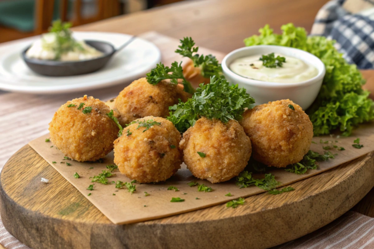 Golden-brown crab balls garnished with fresh parsley, served on a wooden platter with a side of creamy tartar sauce and lettuce in the background.