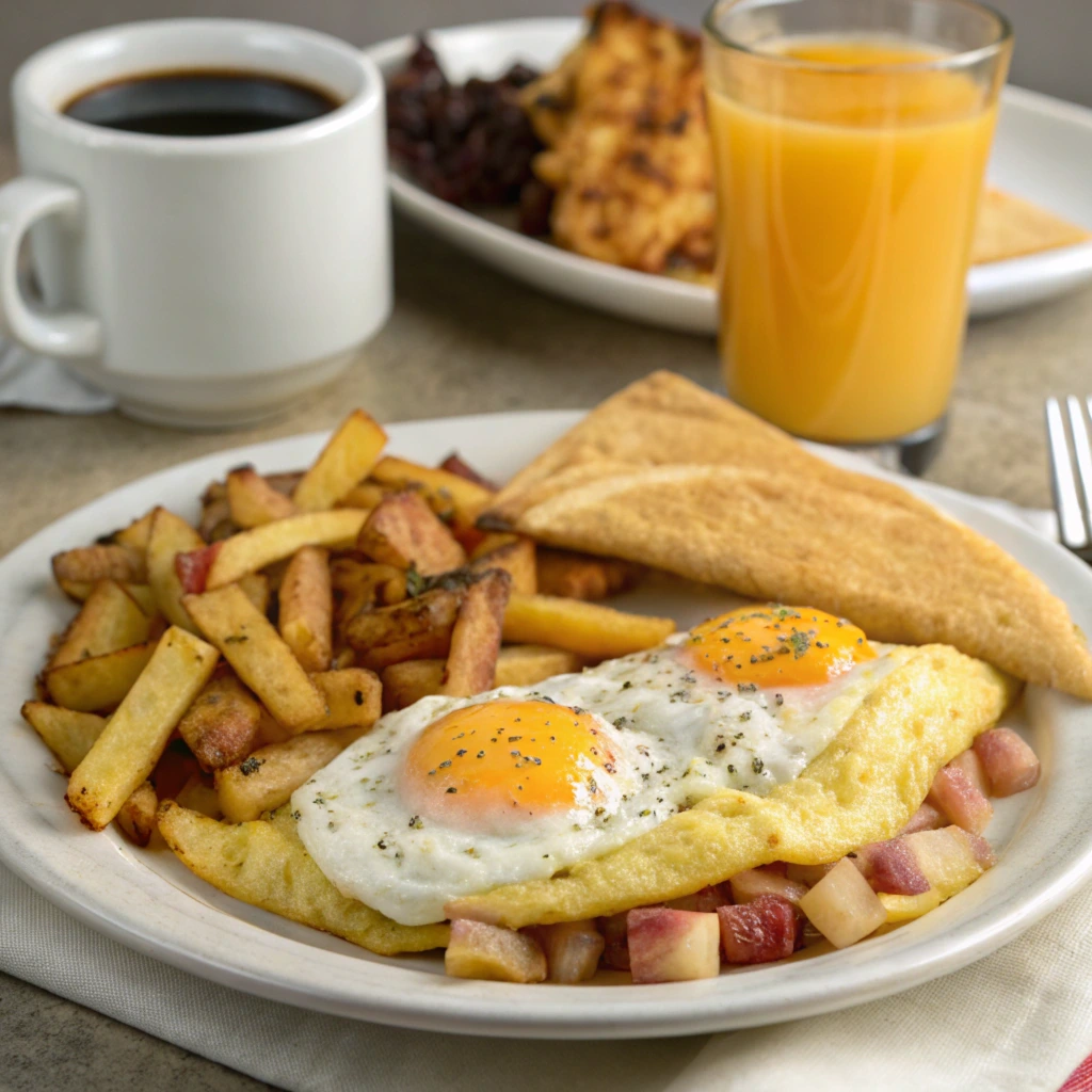 Breakfast plate featuring leftover French fries paired with an omelette topped with sunny-side-up eggs, toasted bread, a glass of orange juice, and a cup of coffee in the background.