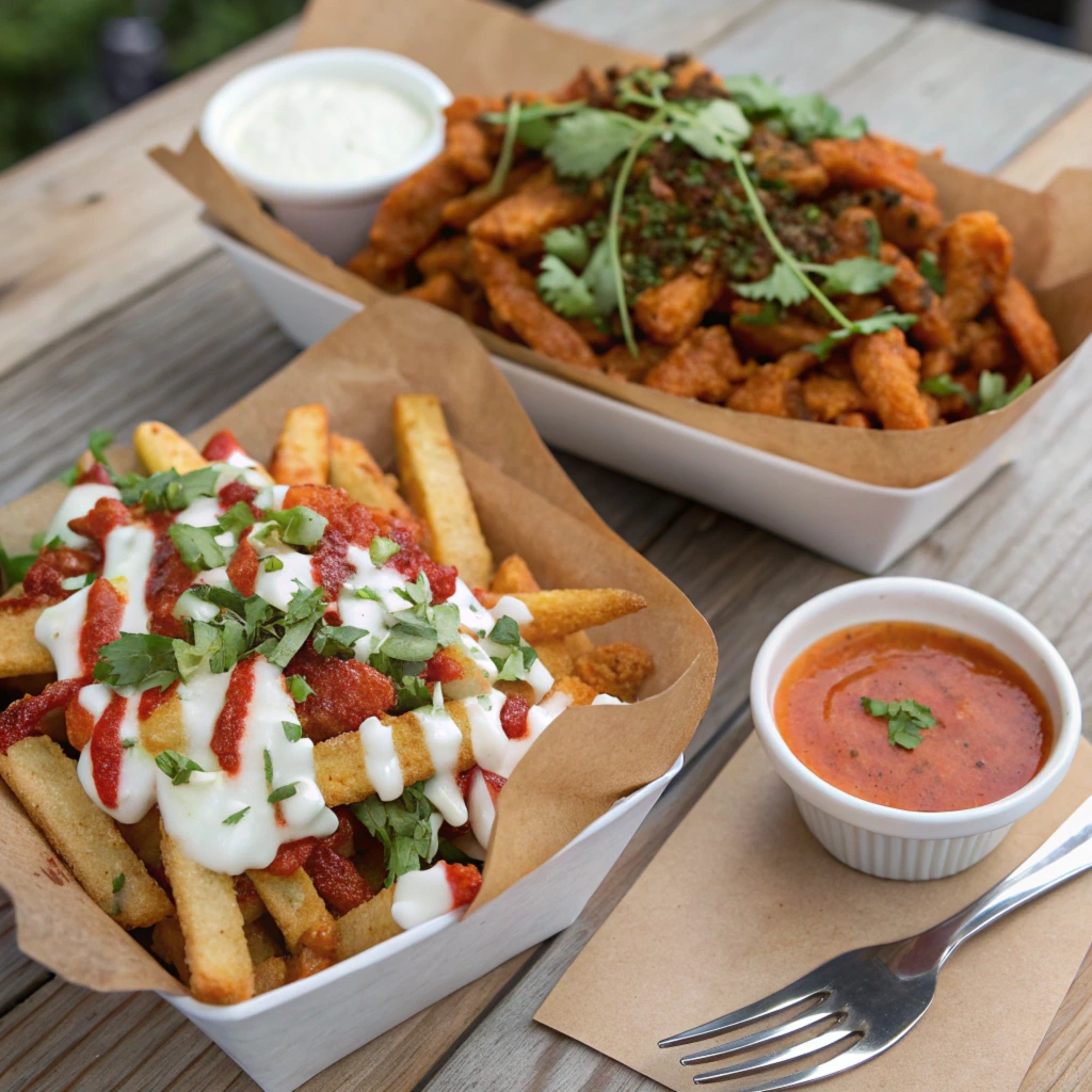 Two servings of loaded French fries, one topped with creamy sauces, sriracha, and fresh cilantro, and the other with spicy seasoning and garnished with cilantro, accompanied by dipping sauces on a rustic wooden table.