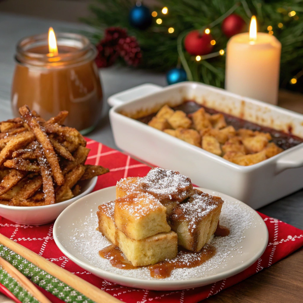 Festive dessert spread featuring candied French fries dusted with powdered sugar, a plate of French fry bread pudding drizzled with caramel sauce, and a casserole dish in the background, surrounded by holiday decorations and candles.