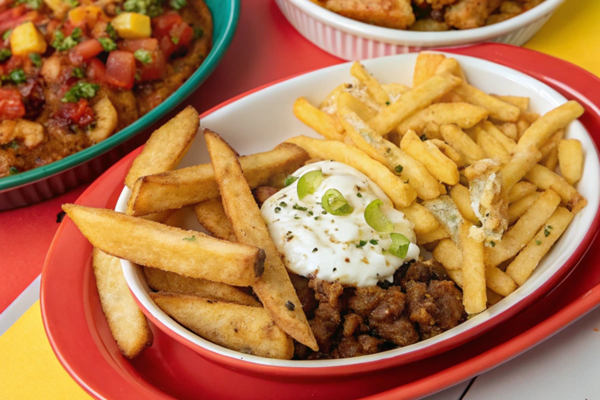 Plate of leftover French fries served with sour cream, green onions, and seasoned ground meat, accompanied by colorful dishes in the background