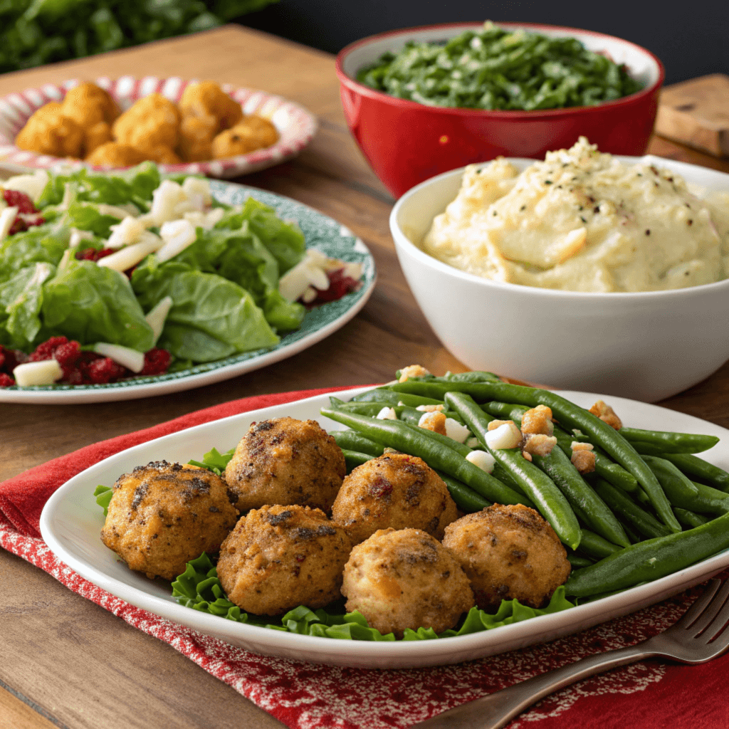 Golden-brown crab balls served on a plate with green beans and garnished with croutons, accompanied by mashed potatoes, a fresh salad with raspberries and cheese, and additional crab balls in the background, arranged on a wooden table.