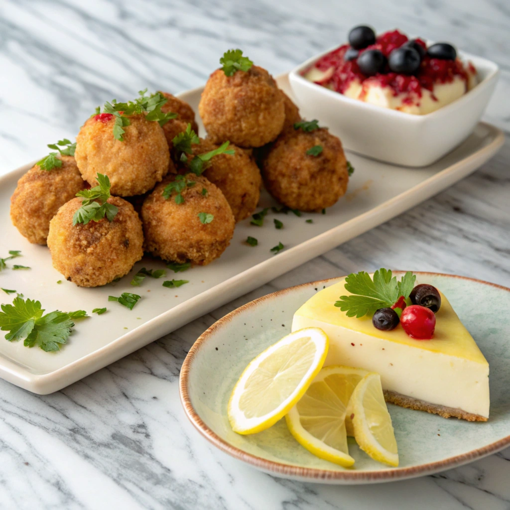 Golden-brown crab balls garnished with fresh parsley on a rectangular plate, paired with a dessert dish featuring a slice of cheesecake topped with fresh berries and lemon slices, all displayed on a marble countertop.