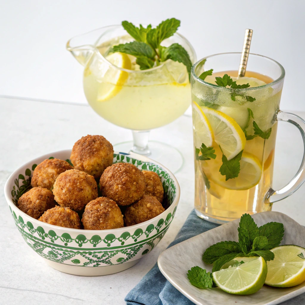 A bowl of golden-brown crab balls garnished with herbs, accompanied by a glass of iced lemon-mint tea, a pitcher of lemonade with fresh lemon slices and mint, and a plate of lime wedges and mint leaves, all displayed on a light countertop.