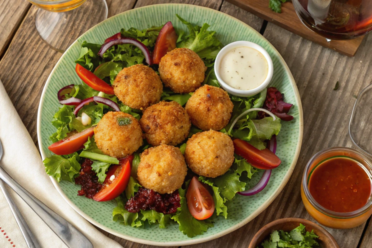 Golden-brown crab balls served on a bed of fresh mixed greens with cherry tomatoes, red onion slices, and assorted dipping sauces on the side, presented on a rustic wooden table.