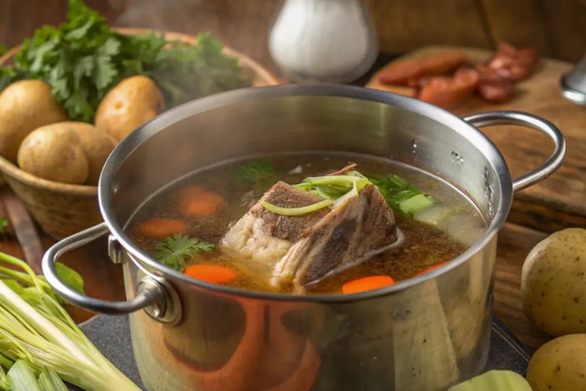 A pot of simmering soup with a large soup bone, carrots, celery, and fresh herbs, surrounded by potatoes and chopped vegetables