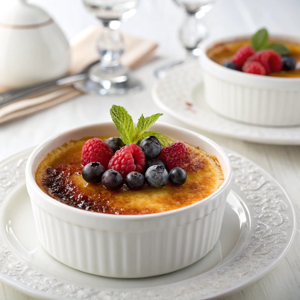 Classic crème brûlée with caramelized sugar, fresh berries, and mint, served in a white ramekin.