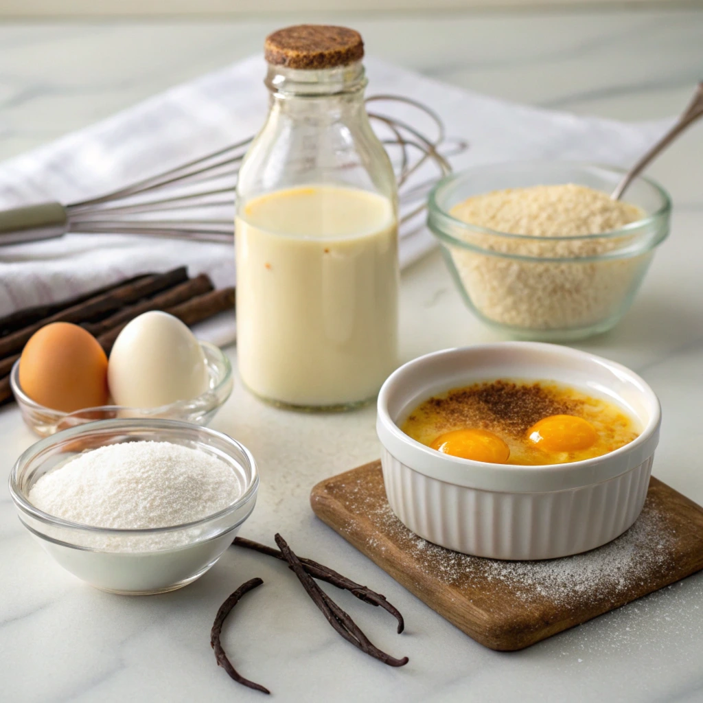 Key ingredients for crème brûlée: heavy cream in a glass bottle, fresh eggs, granulated sugar, and vanilla pods, arranged on a kitchen countertop.