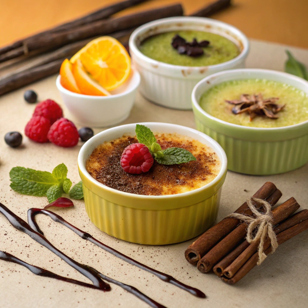 Three variations of crème brûlée in ramekins: classic with raspberry and mint, coffee-flavored with cocoa garnish, and matcha with chocolate shavings. Surrounded by cinnamon sticks, fresh berries, orange slices, and chocolate drizzle for a creative presentation.