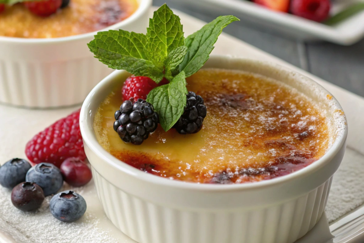 A close-up image of a crème brûlée served in a white ramekin, topped with caramelized sugar, fresh blackberries, raspberries, blueberries, and a sprig of mint. The dessert is presented on a white plate with additional berries scattered around for garnish.