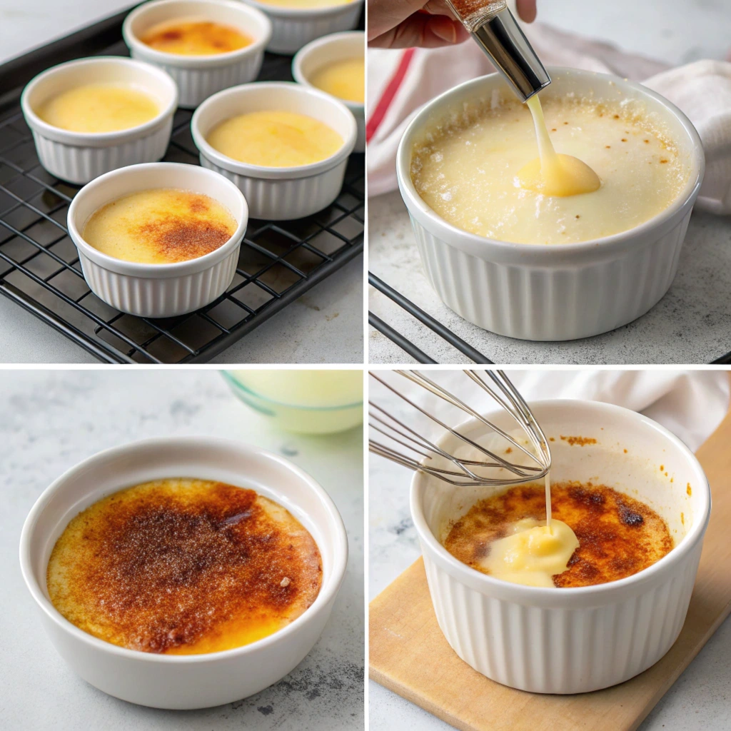 Step-by-step preparation of crème brûlée featuring ramekins with creamy custard, caramelized sugar topping, and the whisking process, highlighting the key stages of making this classic French dessert.