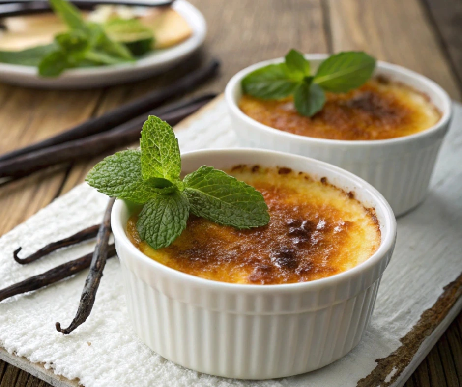 Two ramekins of crème brûlée with caramelized sugar crust, garnished with fresh mint leaves and surrounded by vanilla pods, served on a rustic white wooden surface – a perfect French dessert.