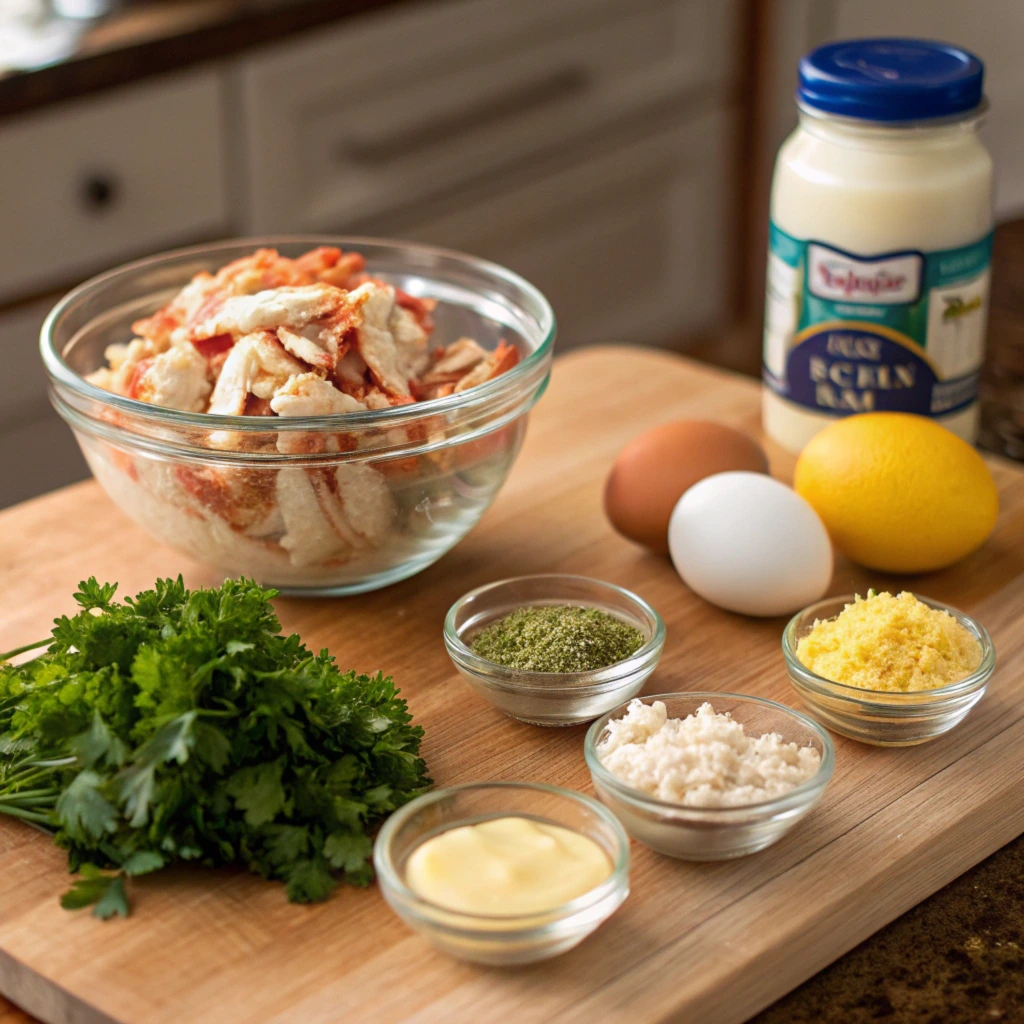 A wooden cutting board displaying crab cake ingredients, including a bowl of fresh crab meat, eggs, a jar of mayonnaise, a lemon, fresh parsley, breadcrumbs, and small bowls of seasonings like herbs and lemon zest. The background features a kitchen setting with soft natural lighting.