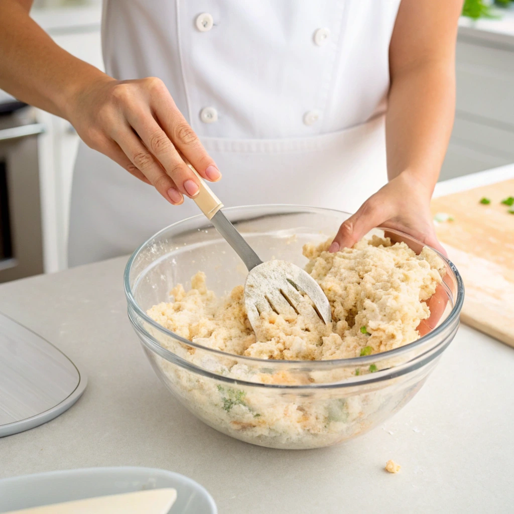 A chef in a white apron gently mixing crab cake ingredients in a glass bowl using a spatula. The mixture appears well-combined and ready for shaping, with a clean kitchen workspace visible in the background.