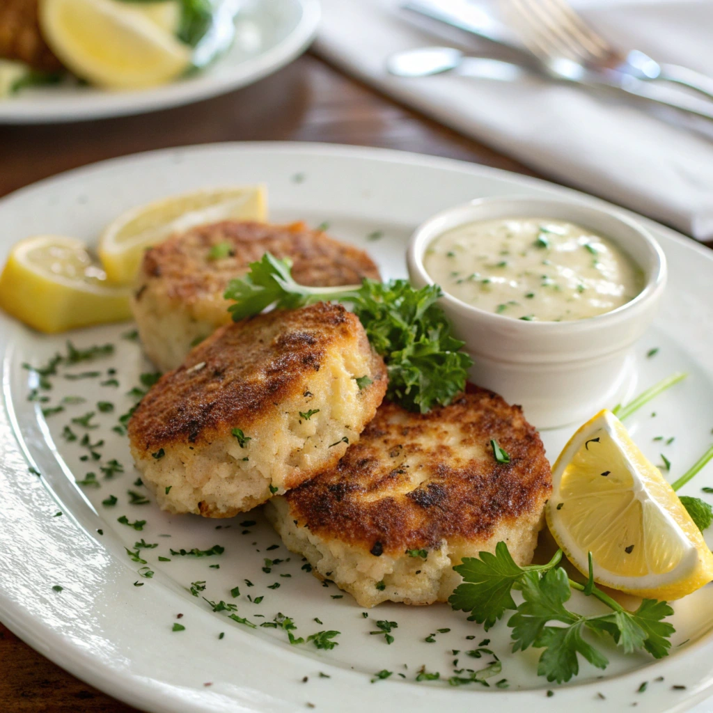 A beautifully plated dish featuring golden-brown crab cakes garnished with fresh parsley. The plate includes lemon wedges and a small dish of creamy tartar sauce, creating a visually appealing presentation on a wooden table with silverware in the background.