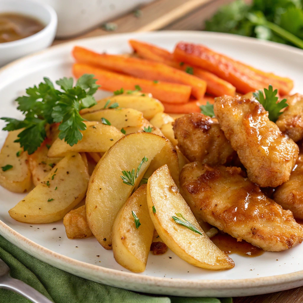 Close-up of apple and honey-glazed chicken tenders served with golden apple slices, glazed carrots, and garnished with fresh parsley on a white plate.