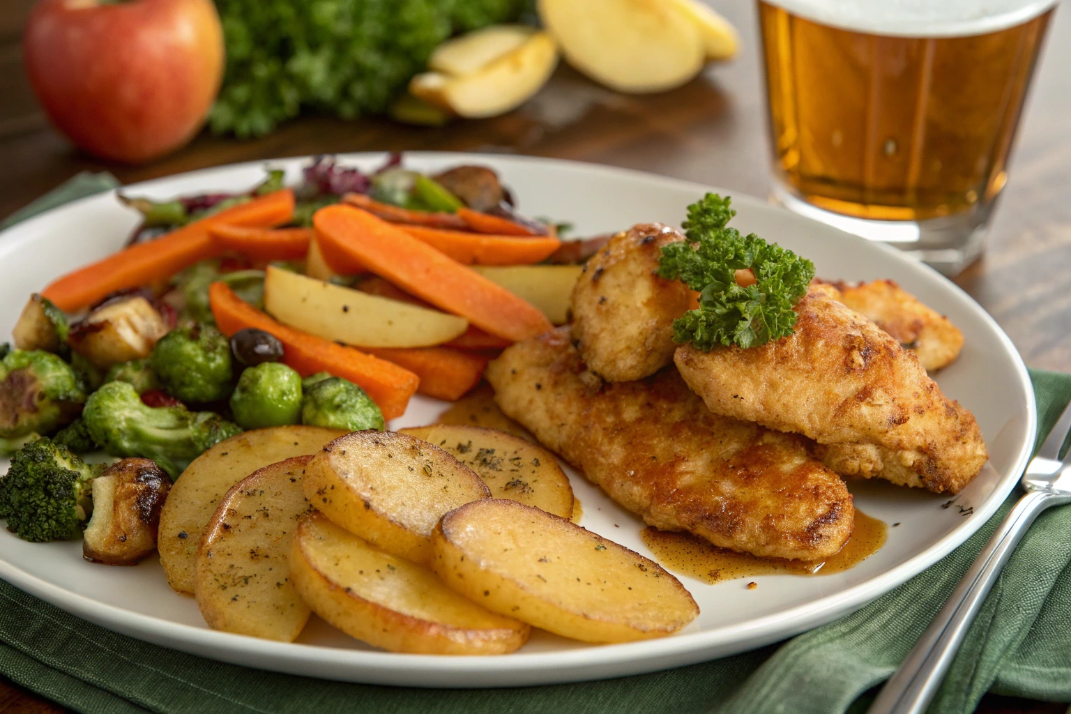 A plate of golden, caramelized apple and honey-glazed chicken tenders garnished with fresh parsley, served with roasted potatoes, steamed carrots, broccoli, and a glass of cider.