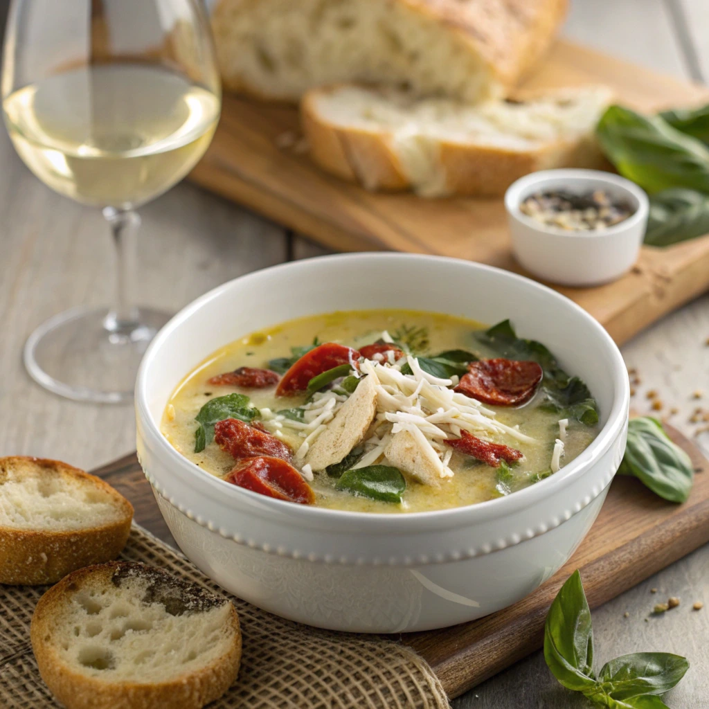 Marry Me Chicken Soup Recipe served in a white ceramic bowl with creamy broth, shredded chicken, sun-dried tomatoes, spinach, and Parmesan cheese, paired with crusty bread and a glass of white wine on a rustic wooden table.