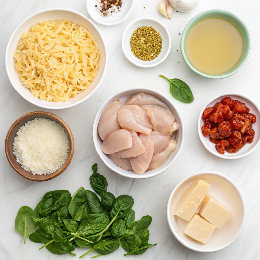 Key ingredients for Marry Me Chicken Soup Recipe laid out on a white surface, including raw chicken breast, fresh spinach, sun-dried tomatoes, grated Parmesan cheese, chicken broth, heavy cream, and Italian herbs.