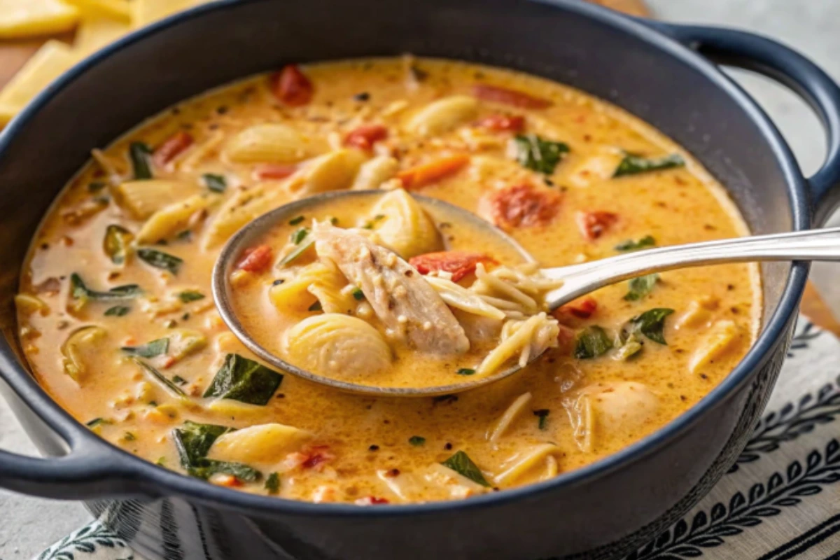 Marry Me Chicken Soup Recipe with creamy broth, tender chicken, shell pasta, sun-dried tomatoes, and spinach served in a black pot with a ladle.