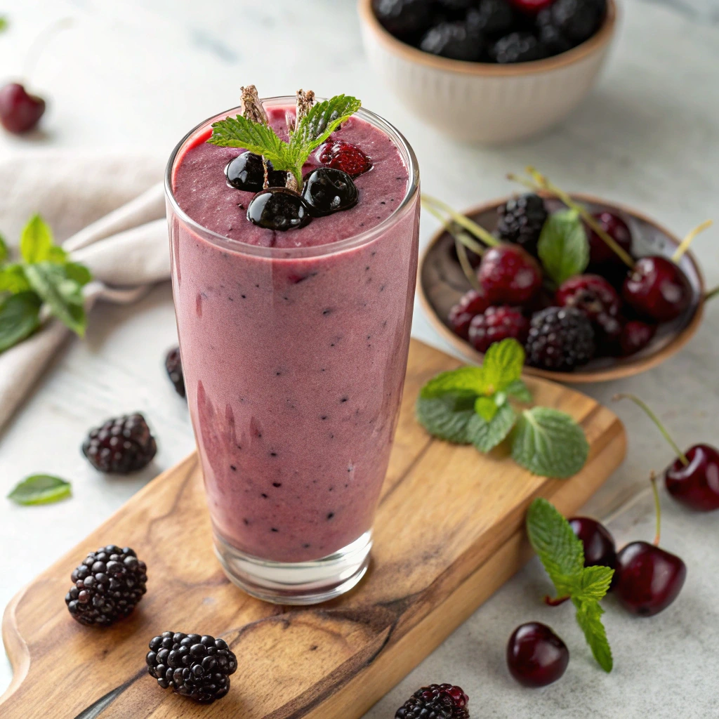 A tall glass of black cherry and blackberry smoothie garnished with fresh blackberries, cherries, and mint, surrounded by additional fresh fruits on a wooden board.