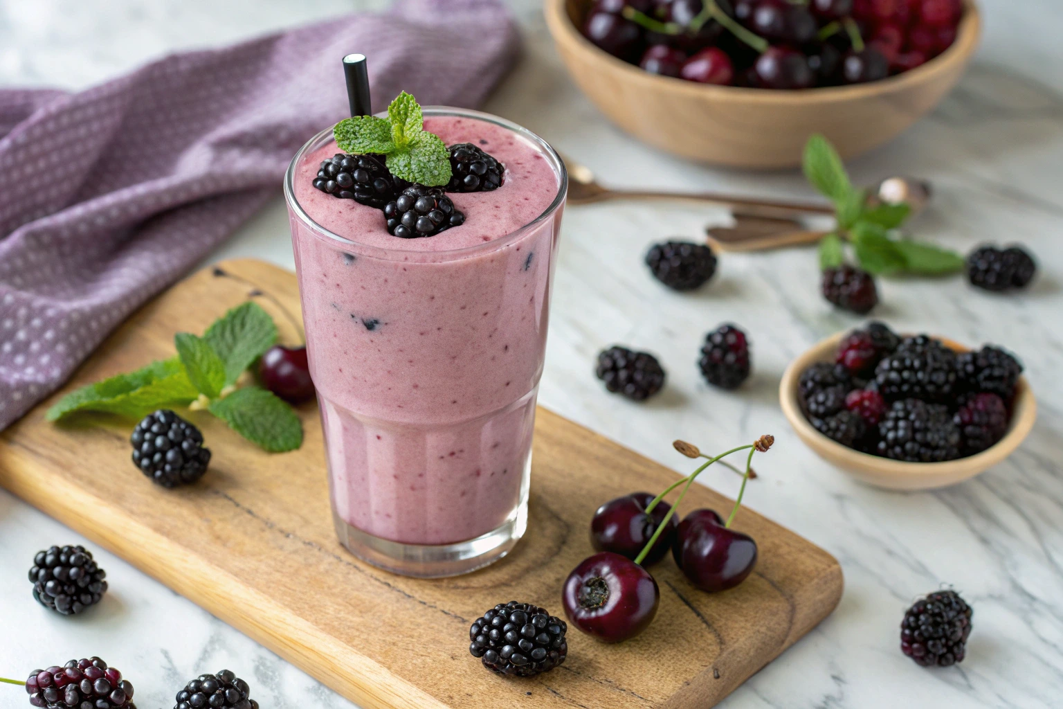 A glass of black cherry and blackberry smoothie garnished with fresh blackberries and mint, surrounded by cherries, blackberries, and mint leaves on a wooden cutting board.