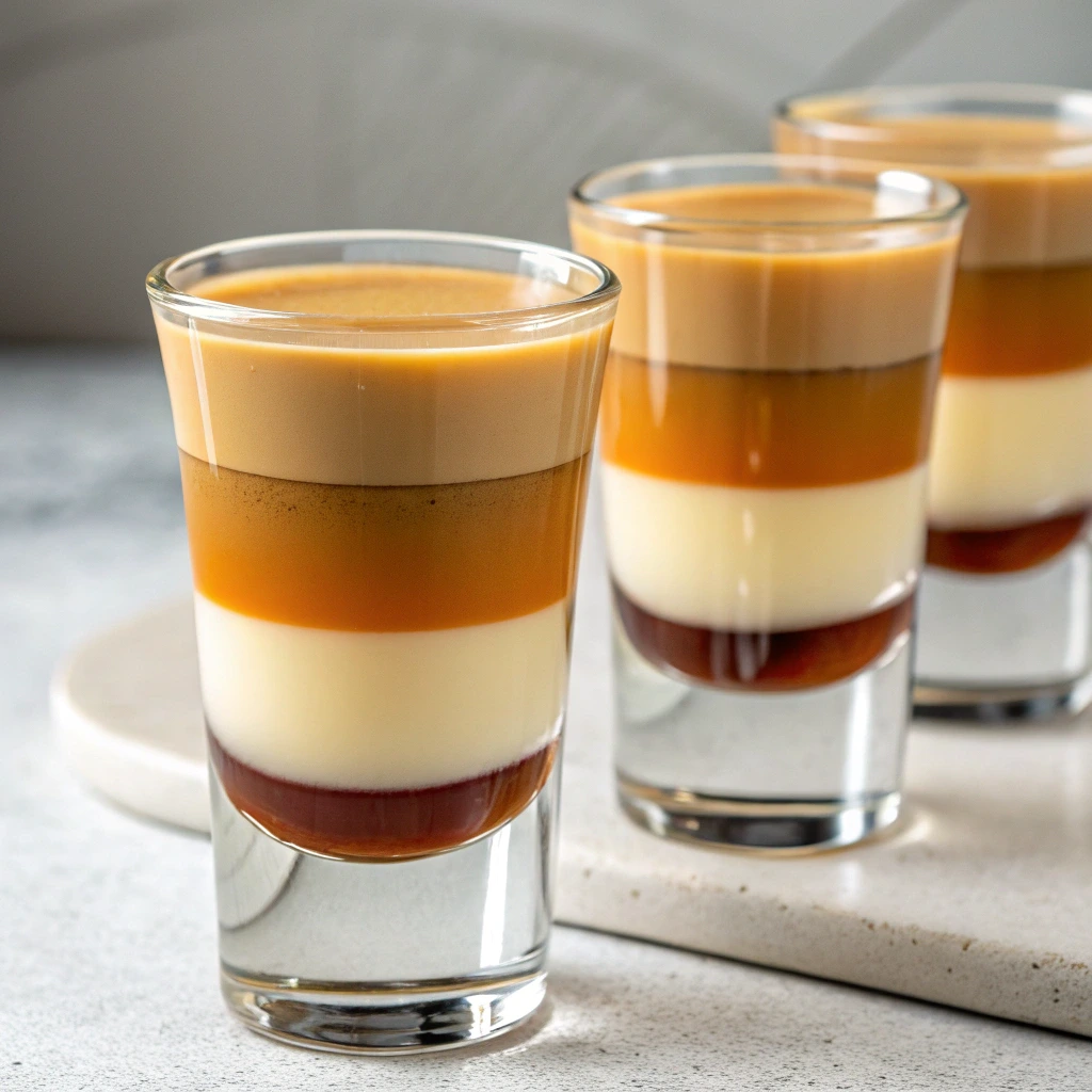 A close-up of three perfectly layered Buttery Nipple shots in clear glasses, showcasing distinct layers of golden butterscotch schnapps, creamy Irish cream, and a dark caramel base, placed on a sleek white surface with soft lighting.