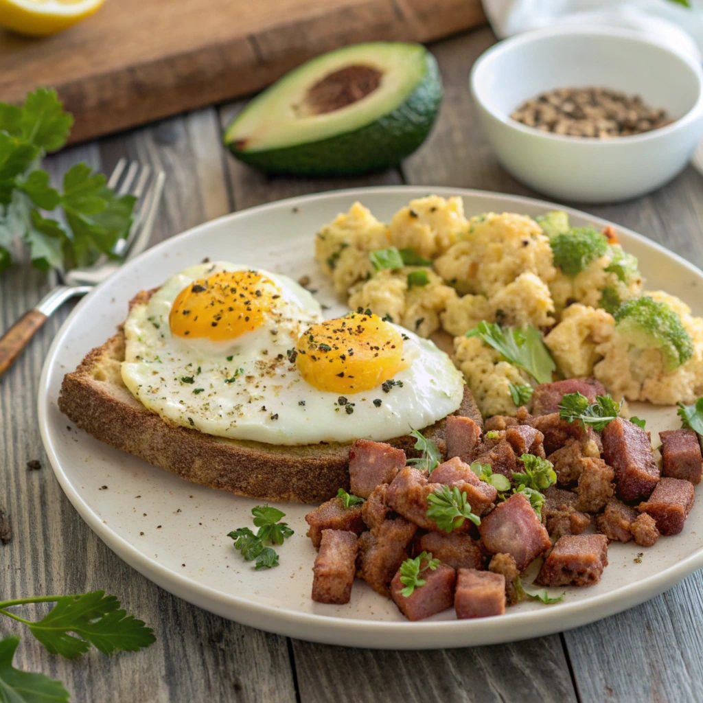 Potato-free canned corn beef breakfast plate with crispy corned beef chunks, sunny-side-up eggs on whole grain toast, roasted cauliflower and broccoli, garnished with fresh parsley on a rustic wooden table