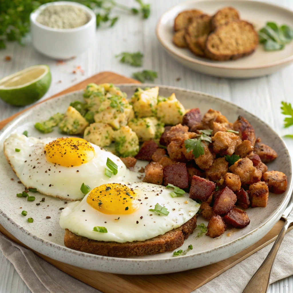 Potato-free canned corn beef breakfast with crispy corned beef hash, sunny-side-up eggs on whole grain toast, avocado salad, and roasted cauliflower, garnished with parsley on a rustic ceramic plate.