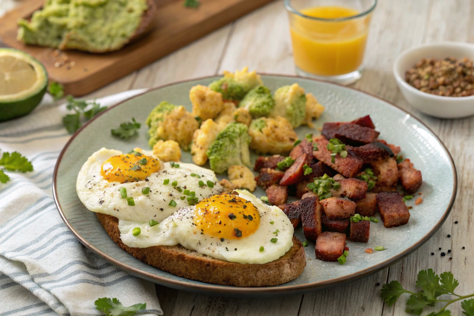 Potato-free canned corn beef breakfast with crispy corned beef pieces, roasted cauliflower, broccoli, sunny-side-up eggs on whole grain toast, and a glass of orange juice, served on a rustic wooden table.