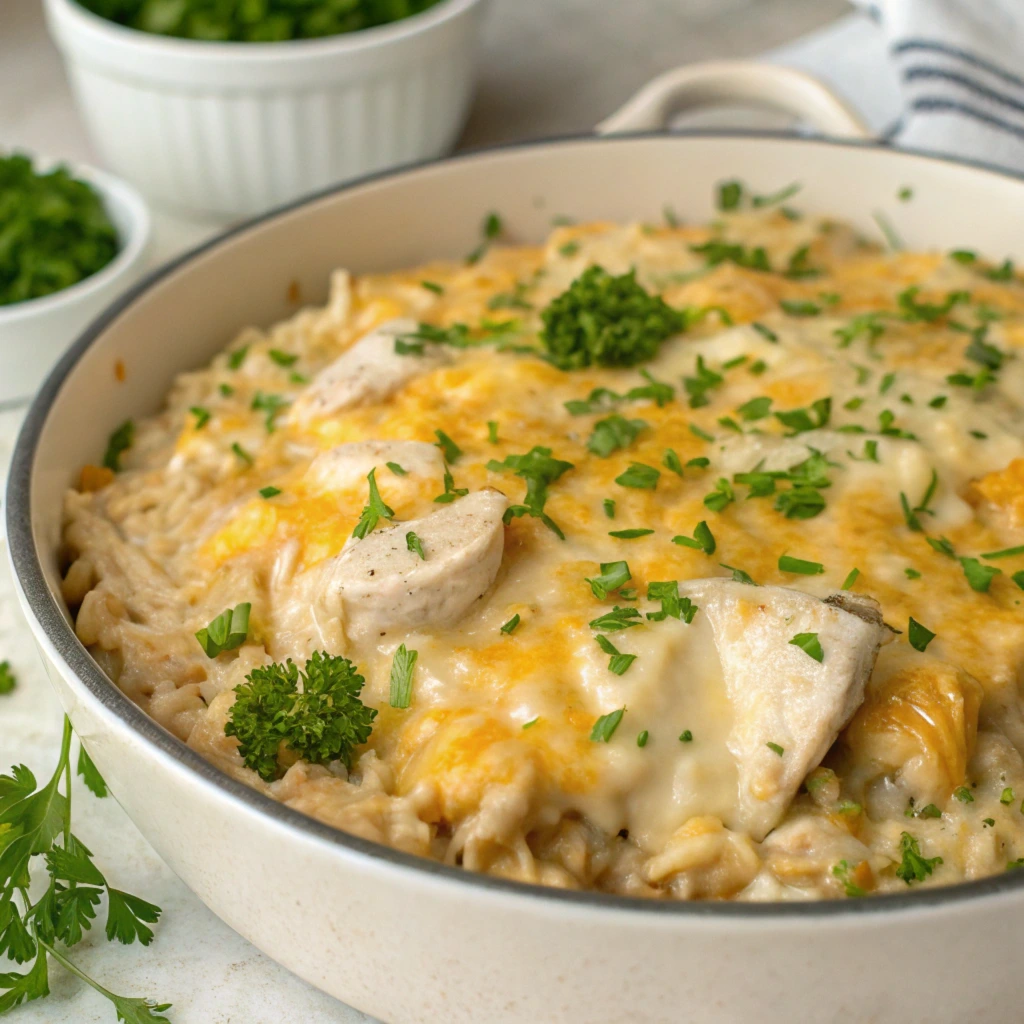 A creamy cheesy chicken and rice crockpot recipe served in a white dish, topped with melted cheese and fresh parsley, highlighting tender chicken pieces and rich flavors.