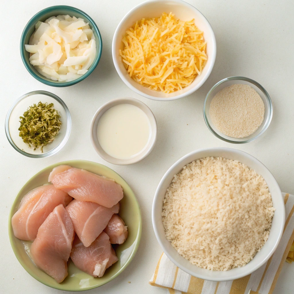 Ingredients for cheesy chicken and rice crockpot recipe including raw chicken, shredded cheese, rice, onions, and cream, neatly arranged on a white surface.