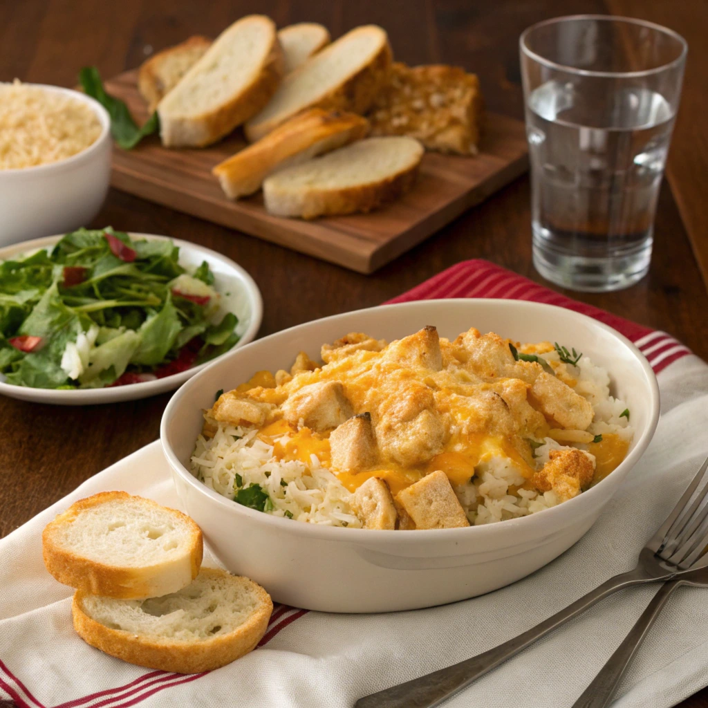 Cheesy chicken and rice crockpot dish served in a white bowl, paired with a fresh salad, sliced bread, and a glass of water for a complete meal