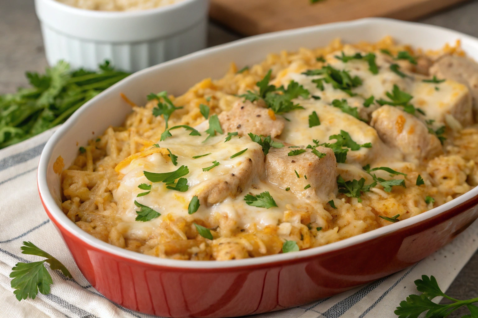 A delicious cheesy chicken and rice crockpot dish served in a red baking dish, garnished with fresh parsley, showcasing tender chicken pieces, melted cheese, and creamy rice