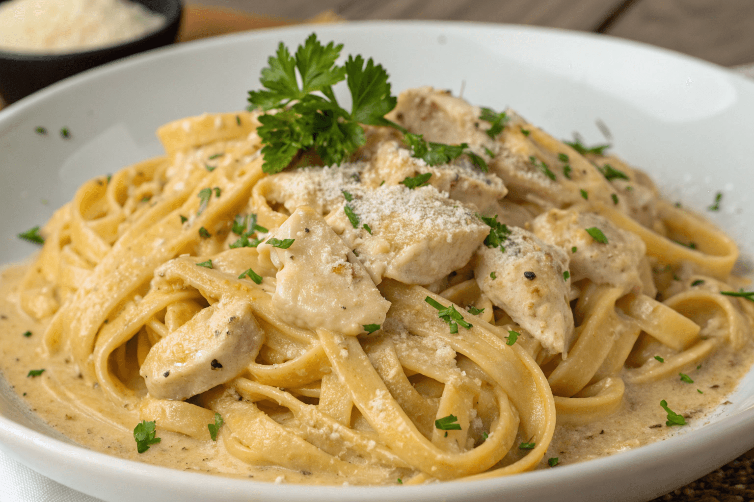 Plate of creamy chicken pasta in a Crockpot topped with fresh parsley, showcasing a rich and savory crockpot recipe