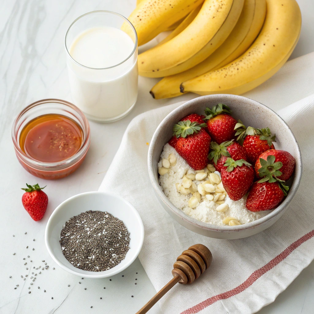 Ingredients for a cottage cheese smoothie, including a bowl of cottage cheese topped with fresh strawberries and chopped nuts, a glass of milk, bananas, a jar of honey, chia seeds in a small bowl, and a honey dipper, arranged on a white table with a cloth napkin.